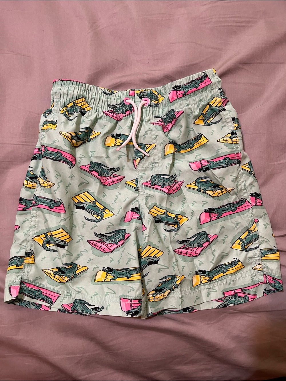 Old Navy Green Kids Swim Trunks with Pink and Yellow Jet Ski Print